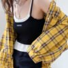 plaid buttoned shirt with lantern sleeves