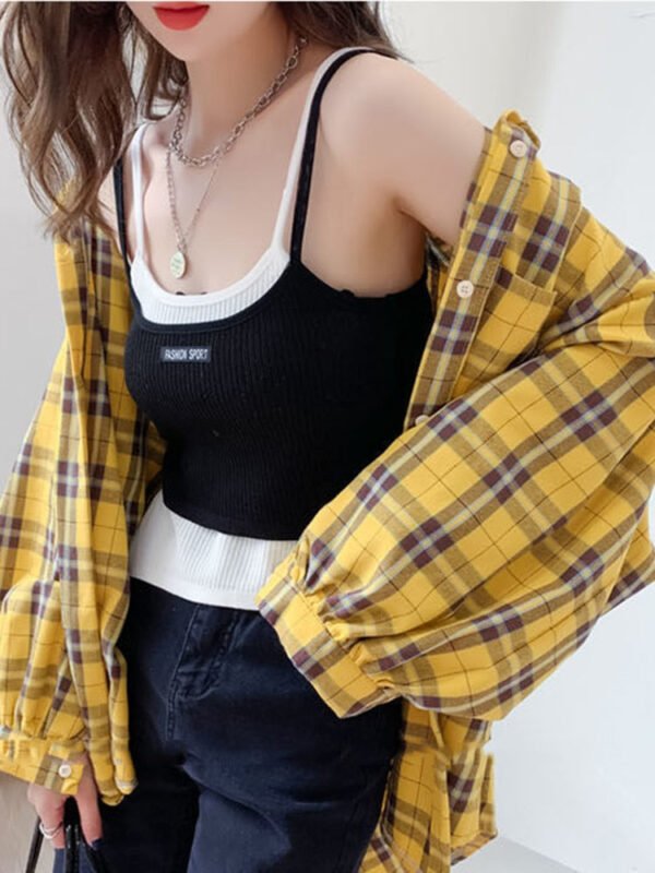plaid buttoned shirt with lantern sleeves plaid buttoned shirt with lantern sleeves