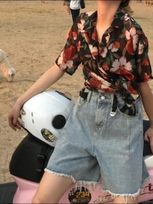 shortsleeved button down blouse with floral print