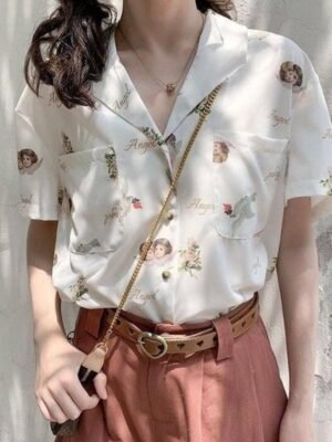 collared blouse with short sleeves and angel print