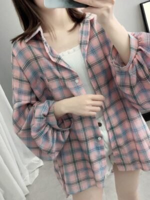 plaid shirt with balloon sleeves