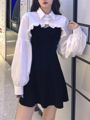 2 in 1 mini dress + collared shirt with lantern sleeves