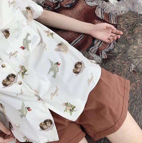 collared blouse with short sleeves and angel print
