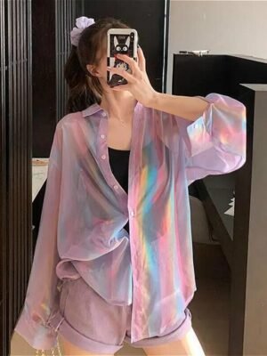 transparent button down shirt with holo effect