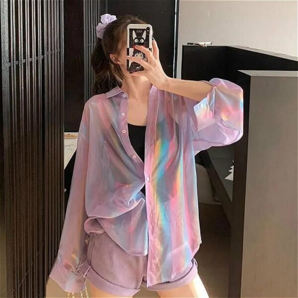 transparent button down shirt with holo effect