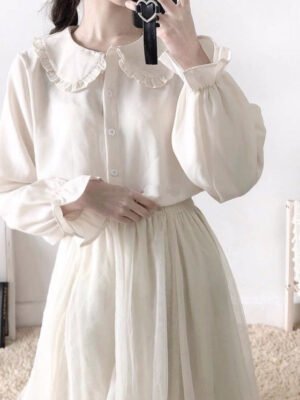 button down blouse with lantern sleeves and frill accents