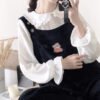 button down blouse with lantern sleeves and frill accents