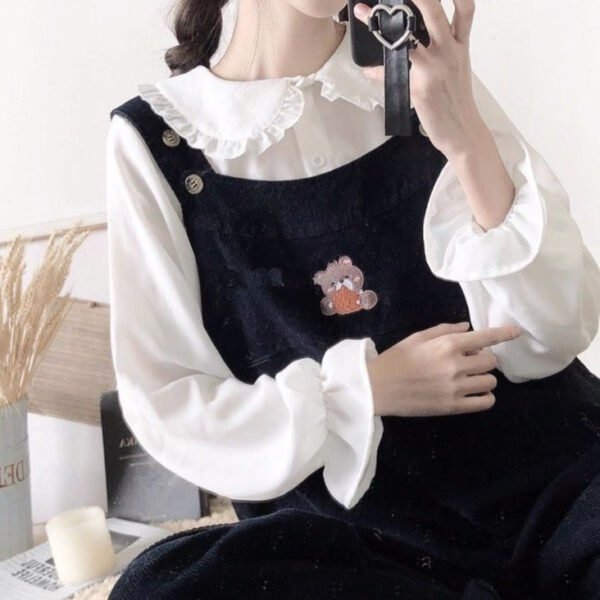 button down blouse with lantern sleeves and frill accents