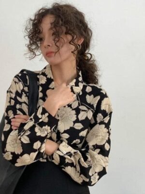button down blouse with paper rose print
