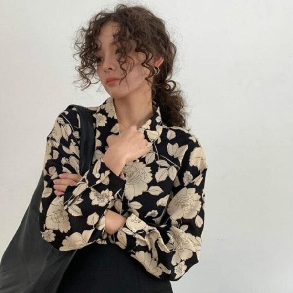 button down blouse with paper rose print