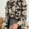 button down blouse with paper rose print