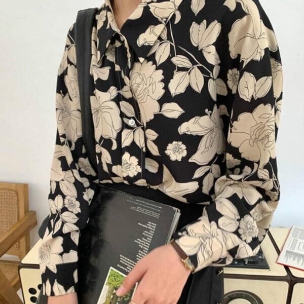 button down blouse with paper rose print