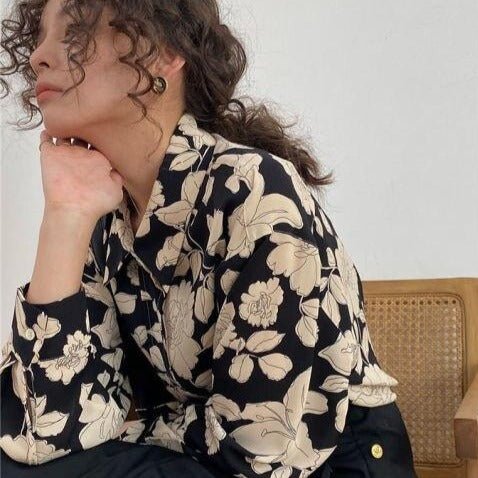 button down blouse with paper rose print