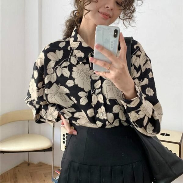 button down blouse with paper rose print