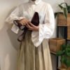 button down blouse with flared sleeves and turn down collar