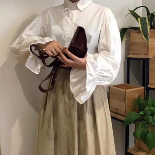 button down blouse with flared sleeves and turn down collar