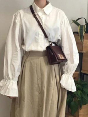 button down blouse with flared sleeves and turn down collar