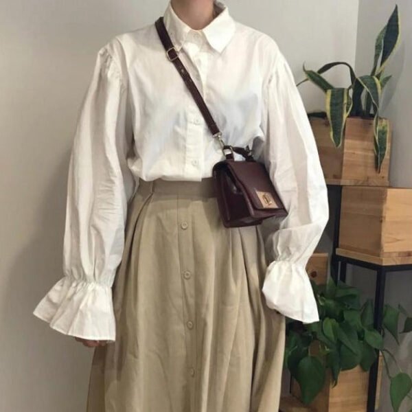button down blouse with flared sleeves and turn down collar