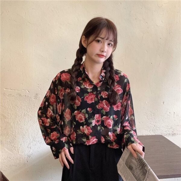 see through button down blouse with floral print (s to 4xl!)