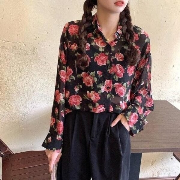 see through button down blouse with floral print (s to 4xl!)