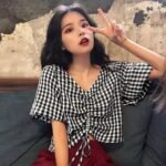 checkered blouse with v neck and adjustable length