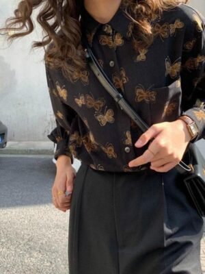 button down blouse with butterfly print