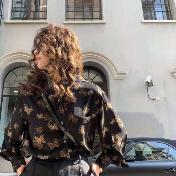 button down blouse with butterfly print