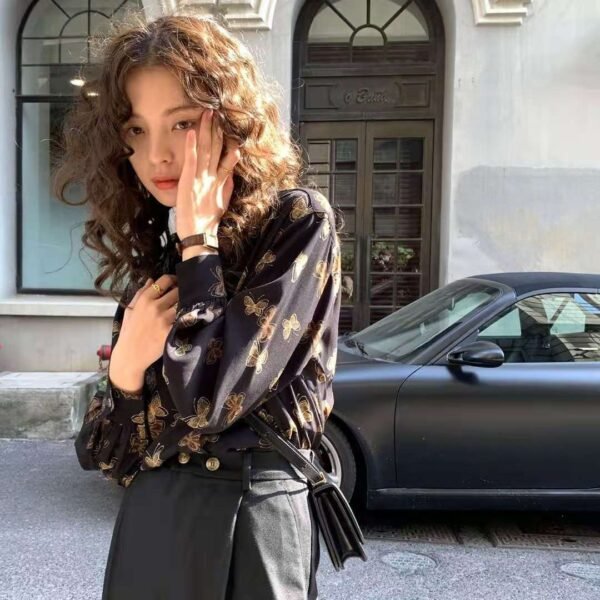button down blouse with butterfly print