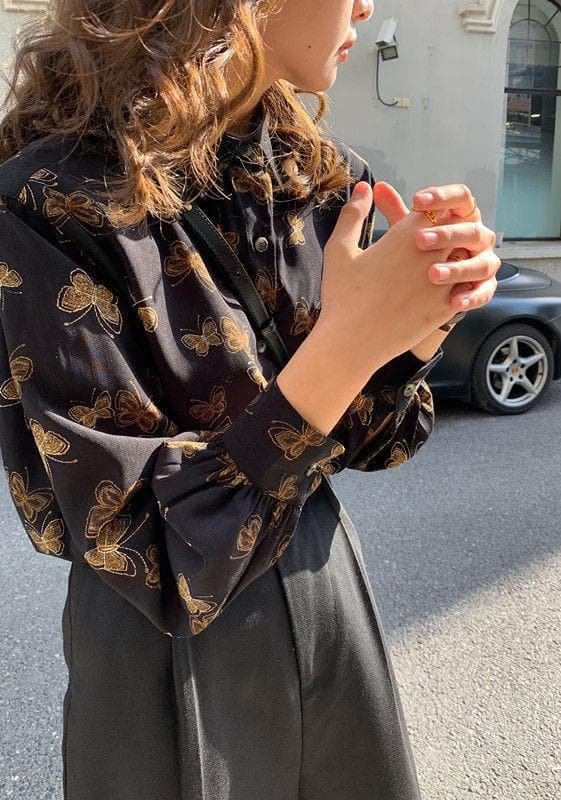 button down blouse with butterfly print