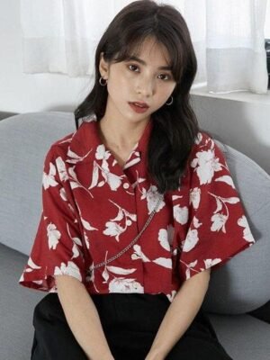 shortsleeved button down shirt with floral print